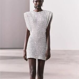 BNWT Zara Elegant Silver Sequin Mini Dress, size XS